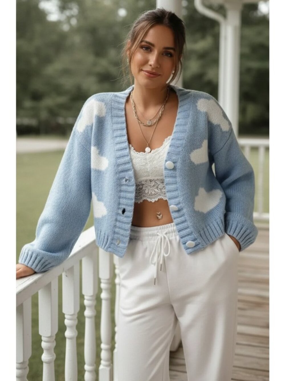 Cropped Cloud Contrasting Knit Button Up V-Neck Sweater Long Sleeve Cardigan